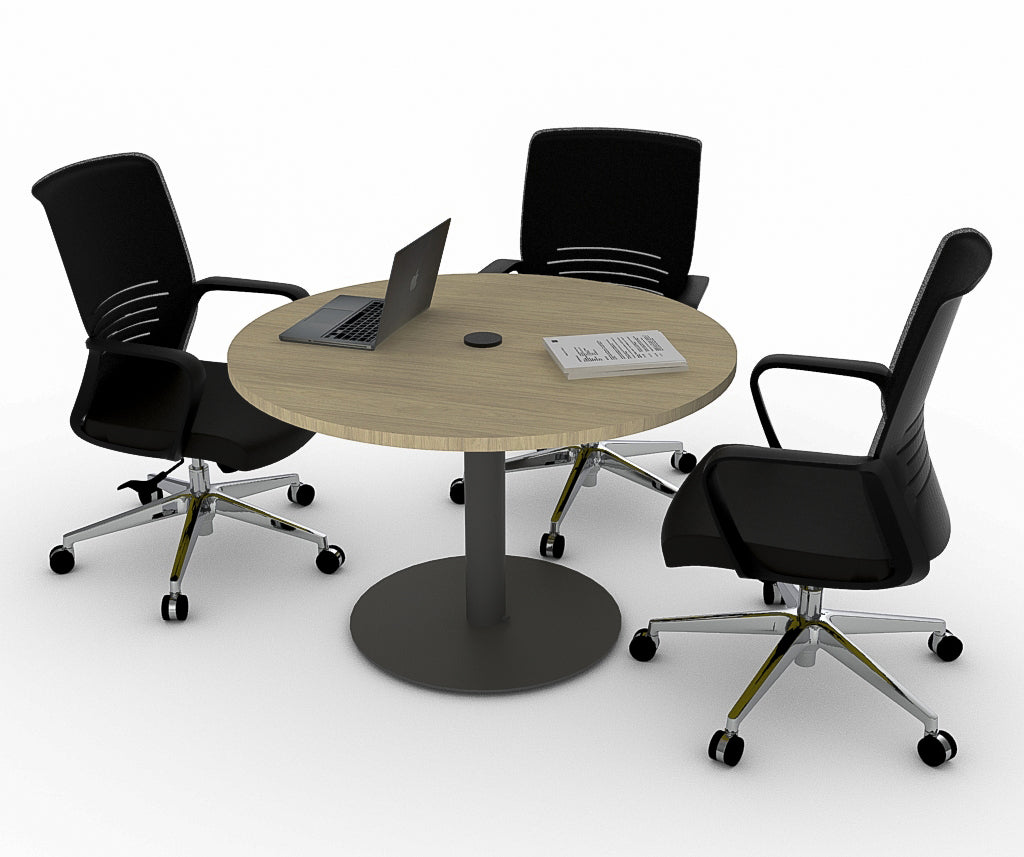 Mesa de juntas para oficina Tech Connect circular con módulo de conectividad en centro de sala de reuniones moderna